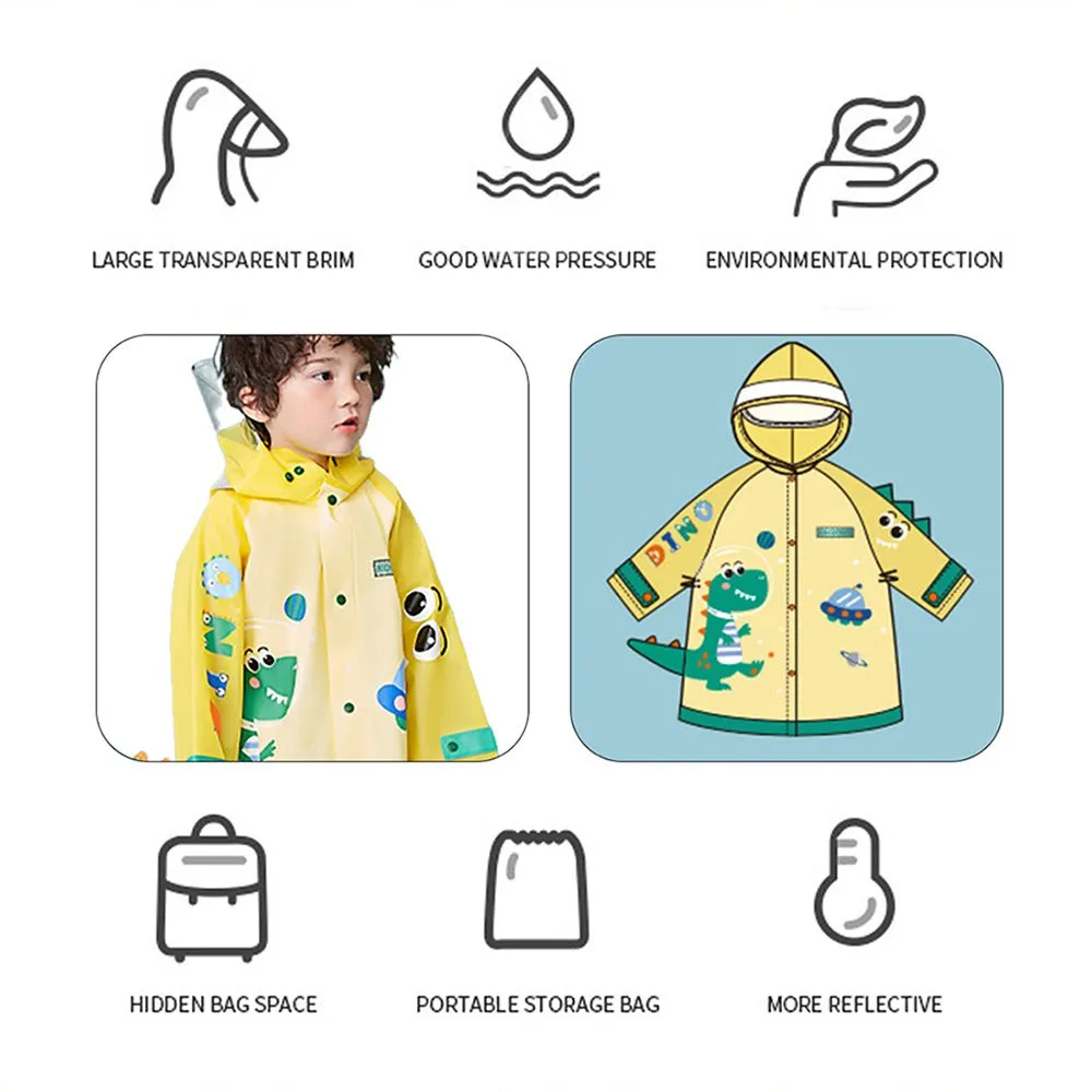 3d Applique Yellow Dino Sleeves, Kids Raincoat