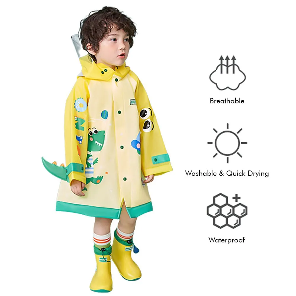 3d Applique Yellow Dino Sleeves, Kids Raincoat
