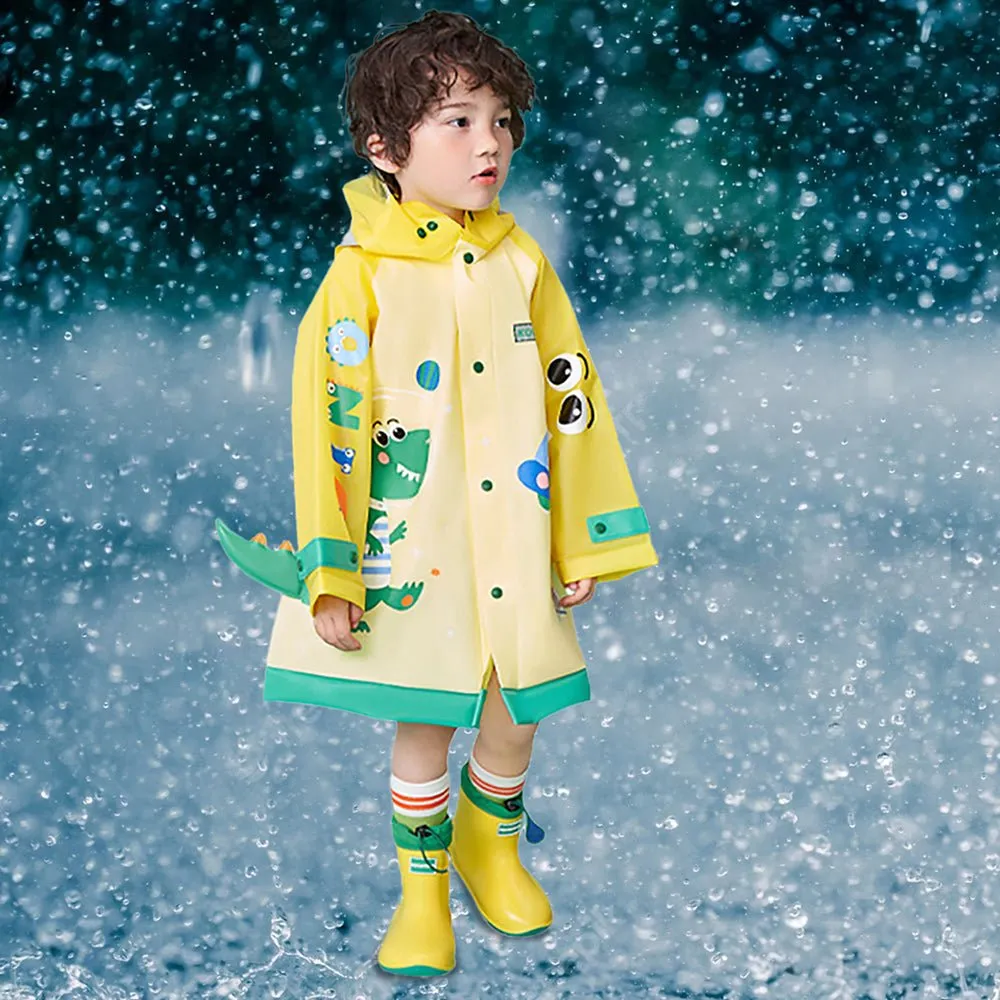 3d Applique Yellow Dino Sleeves, Kids Raincoat