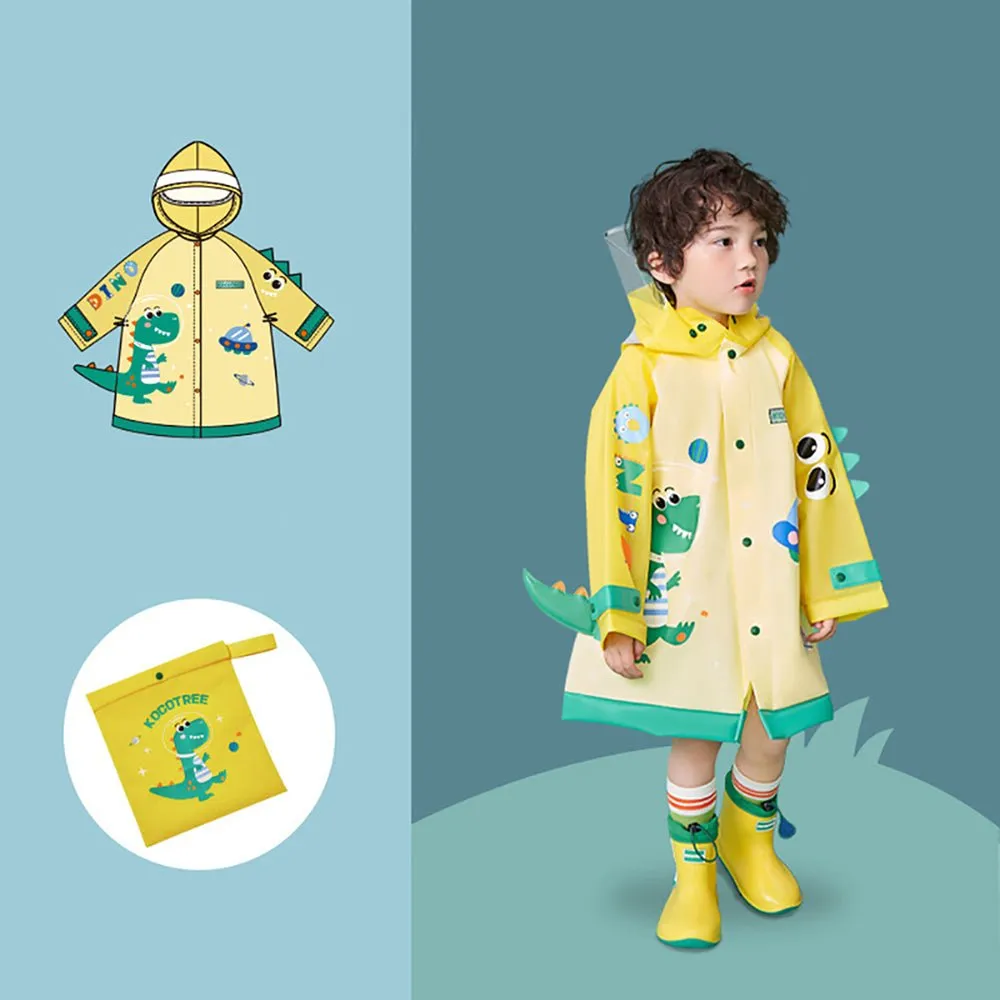 3d Applique Yellow Dino Sleeves, Kids Raincoat