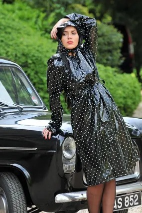 Authentic 1940s & 50s Style "Vintage Rain Mac & Headscarf/Bonnet" in Black Shiny with White Polka by Elements Rainwear
