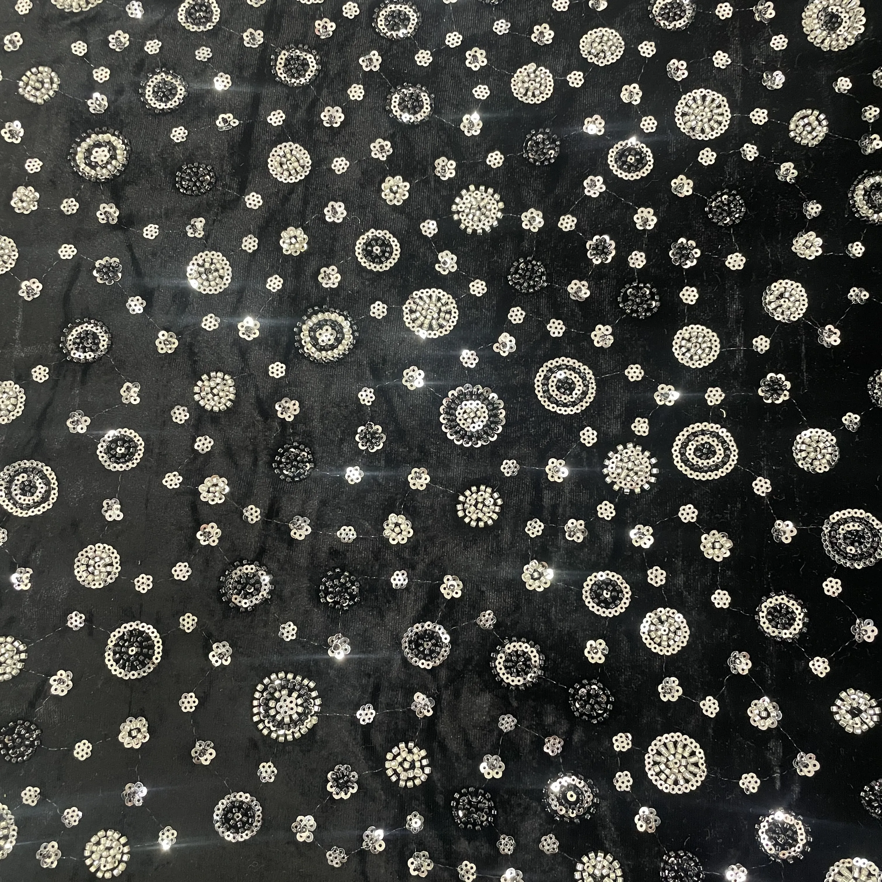 Black Cutdana Sequins Embroidery Valvet Fabric 19704