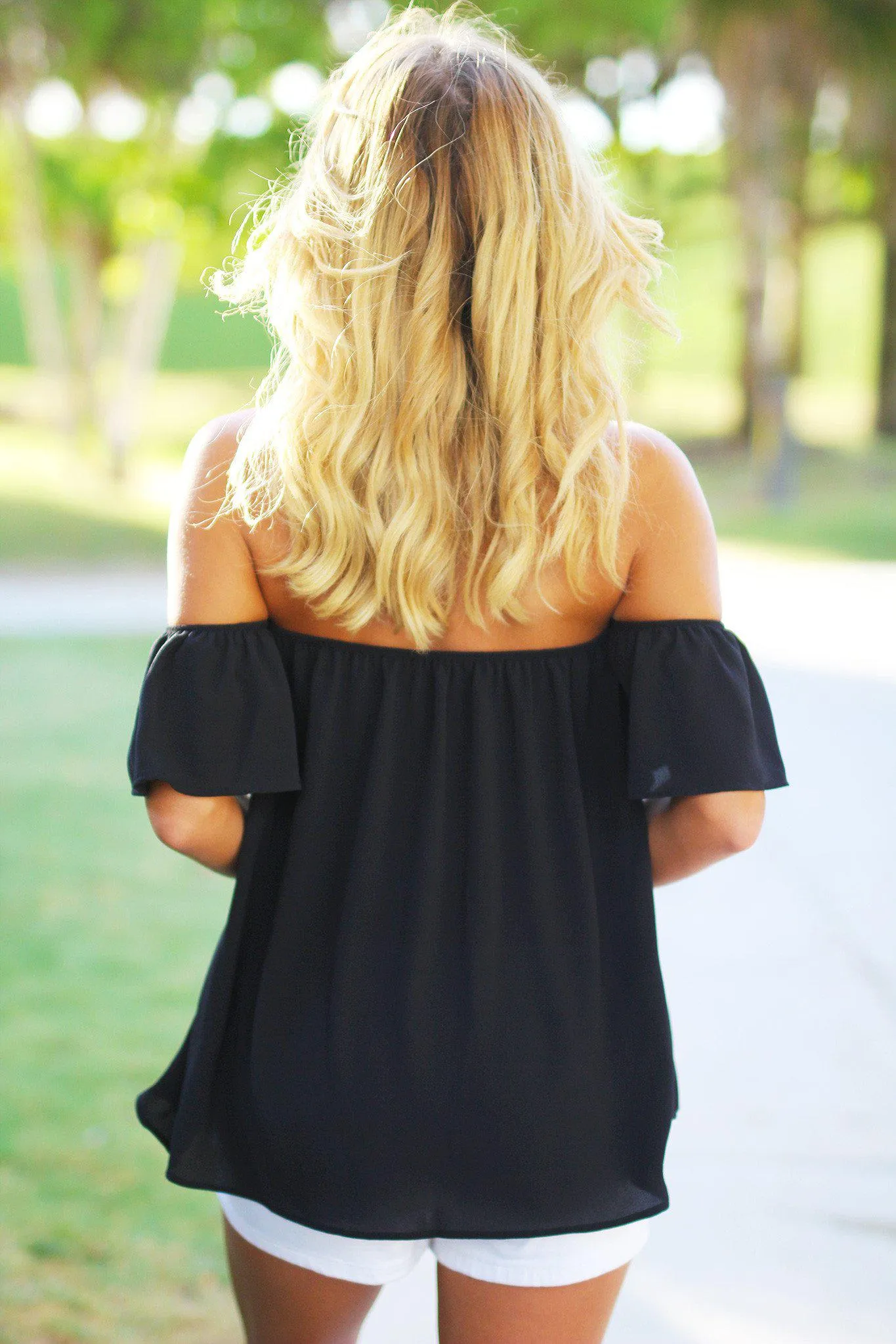 Black Off Shoulder Top With Ruffled Sleeves