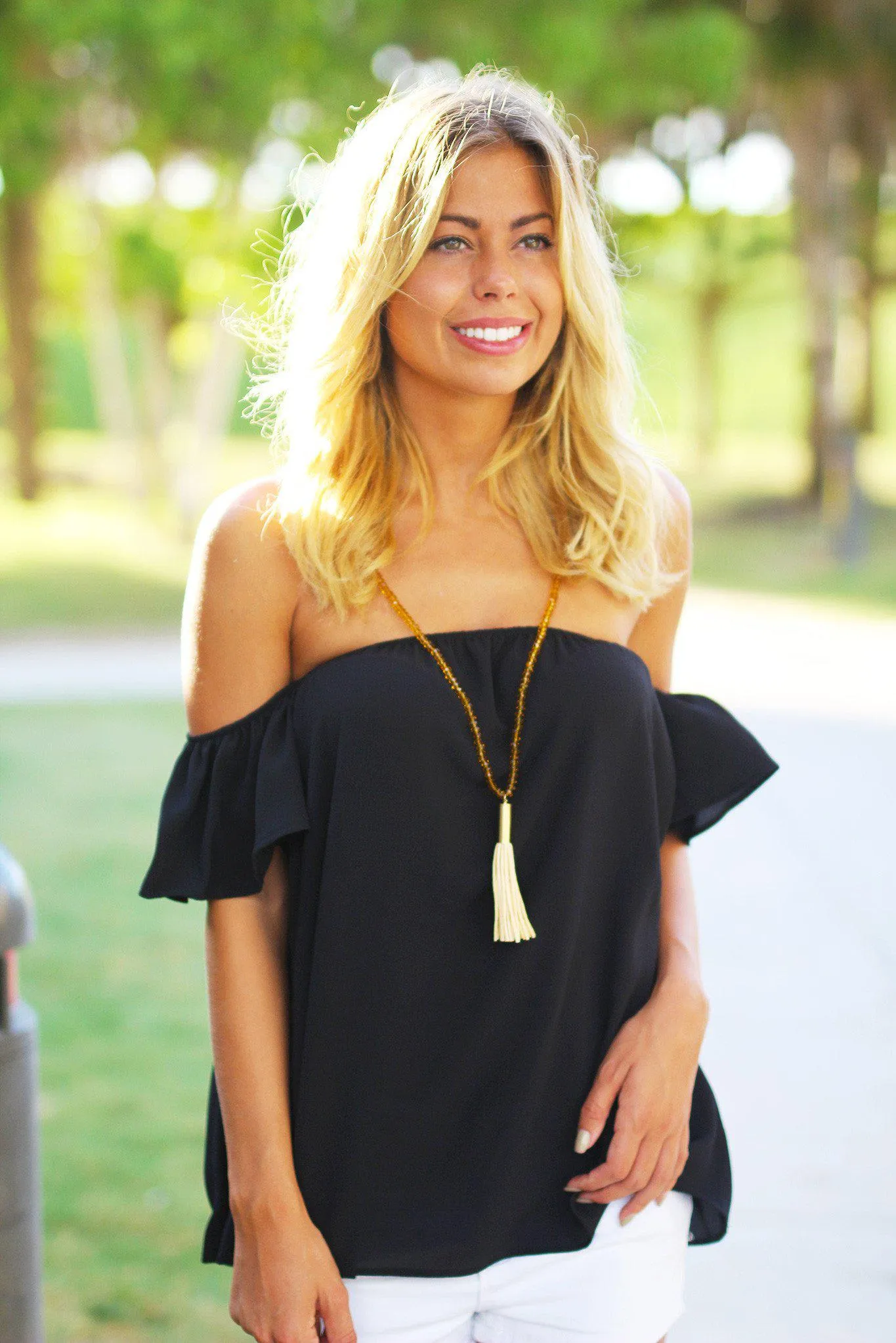 Black Off Shoulder Top With Ruffled Sleeves