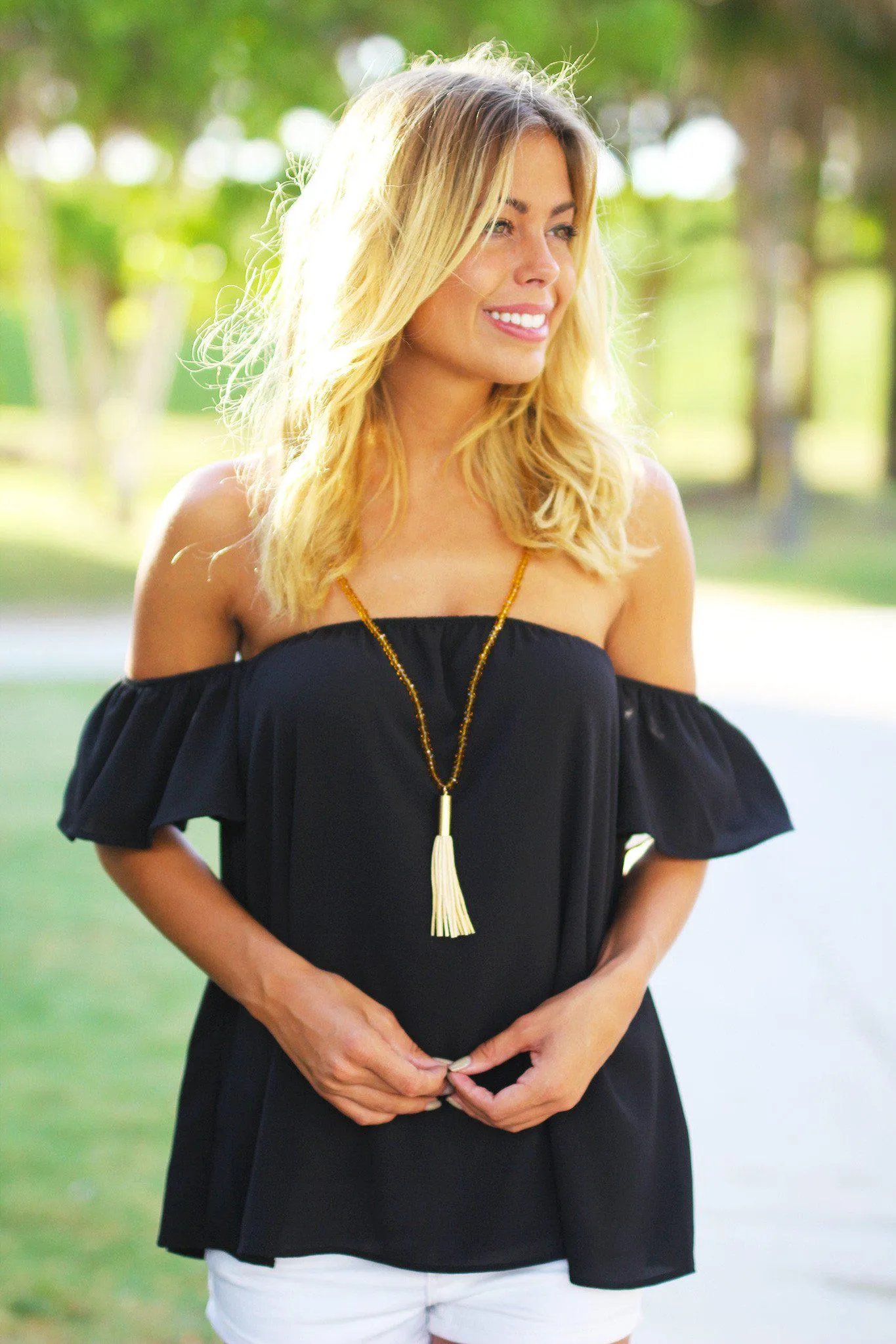 Black Off Shoulder Top With Ruffled Sleeves