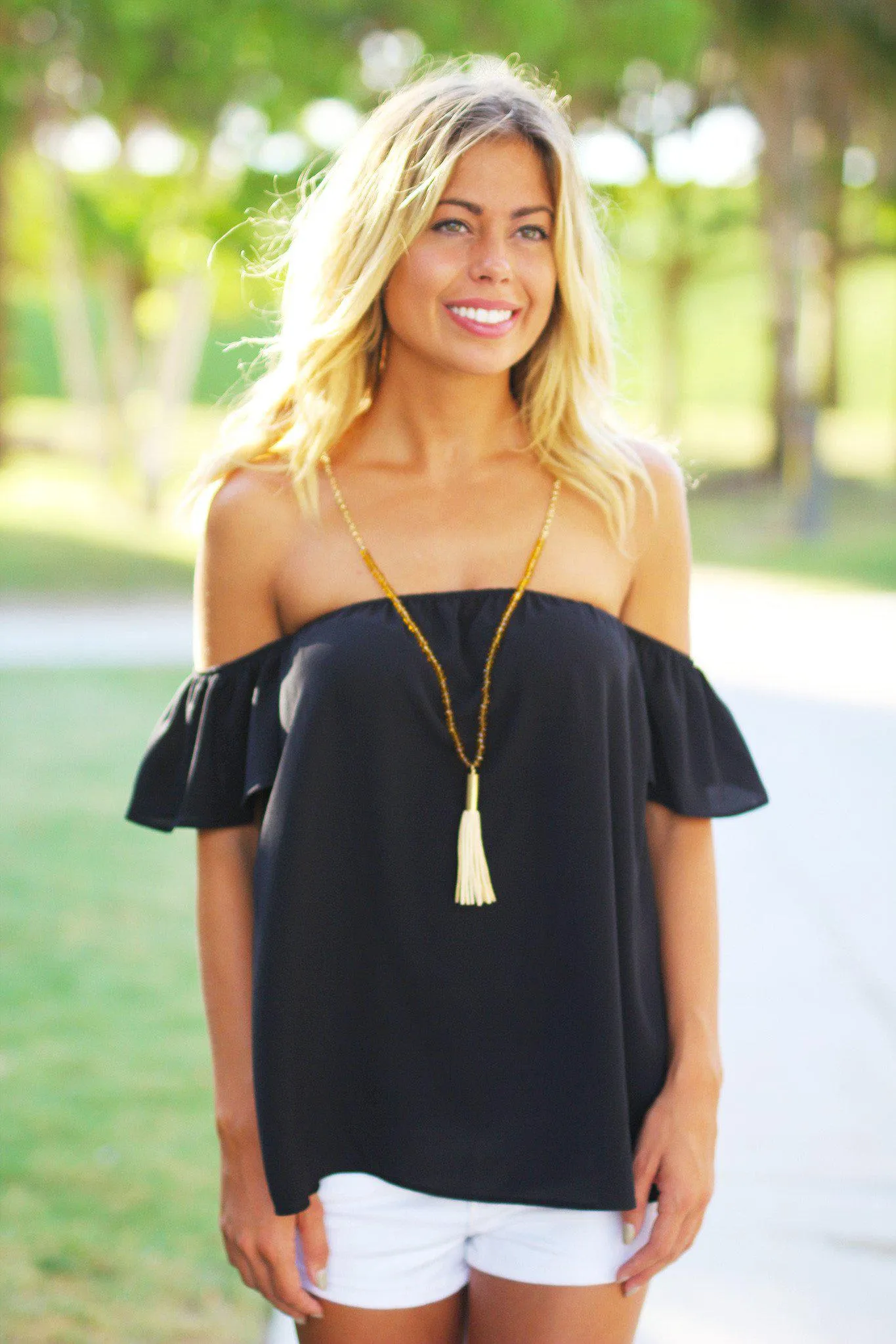 Black Off Shoulder Top With Ruffled Sleeves
