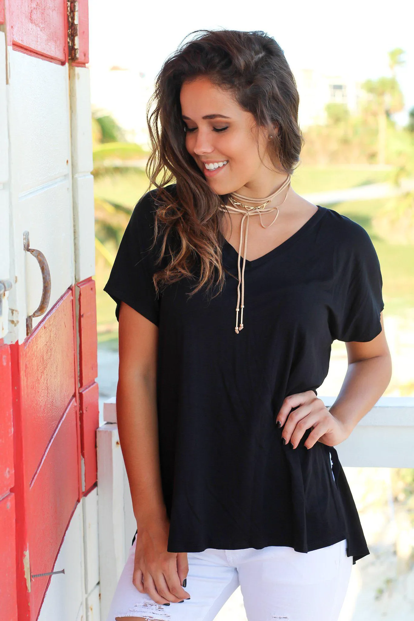 Black Short Sleeve V-Neck Top