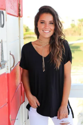 Black Short Sleeve V-Neck Top