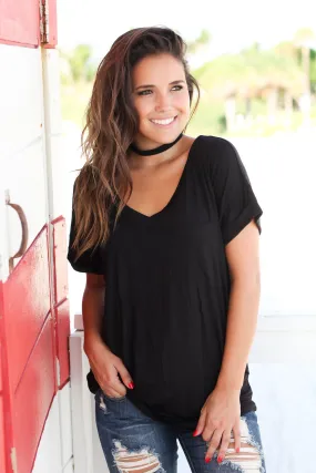 Black V-Neck Top With Pocket