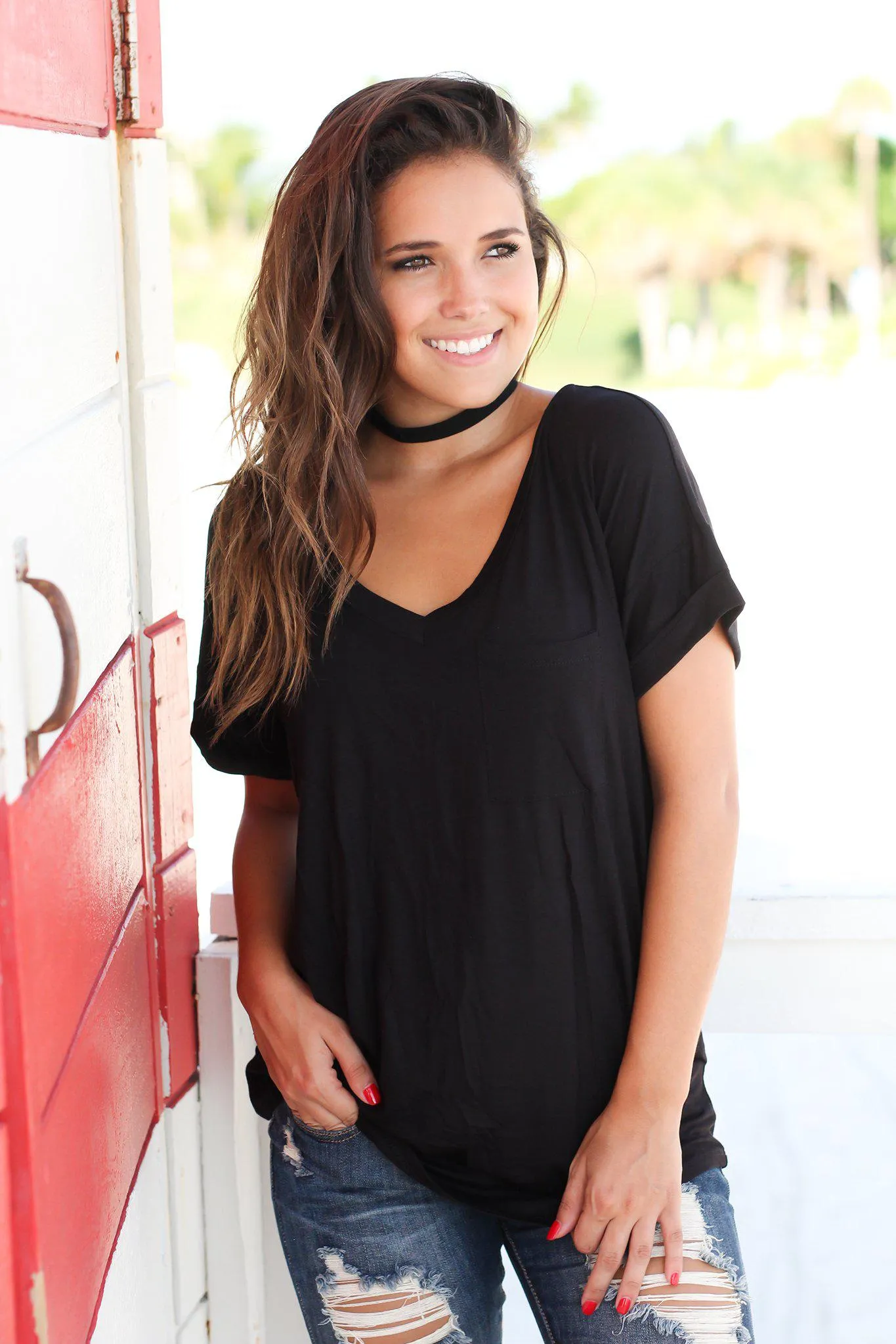 Black V-Neck Top With Pocket