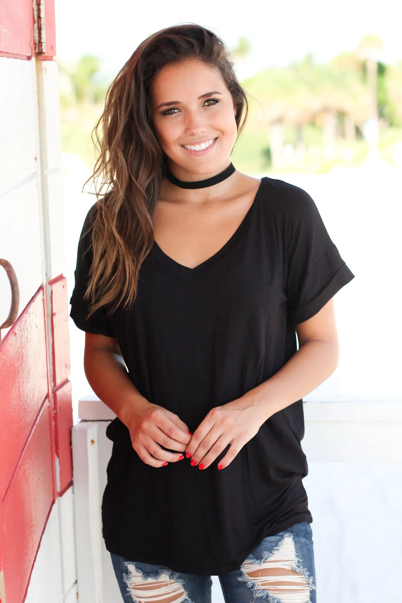 Black V-Neck Top With Pocket