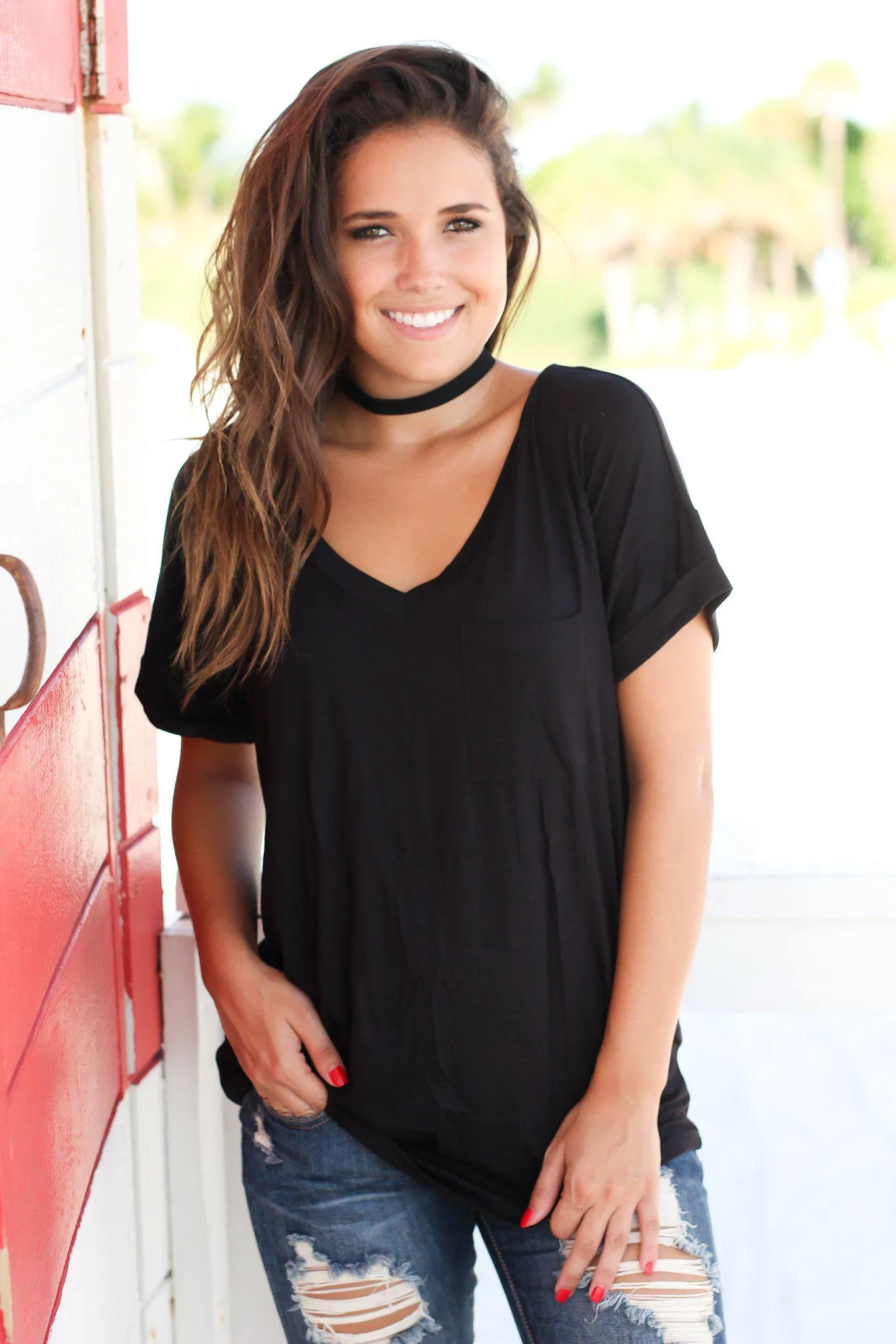 Black V-Neck Top With Pocket