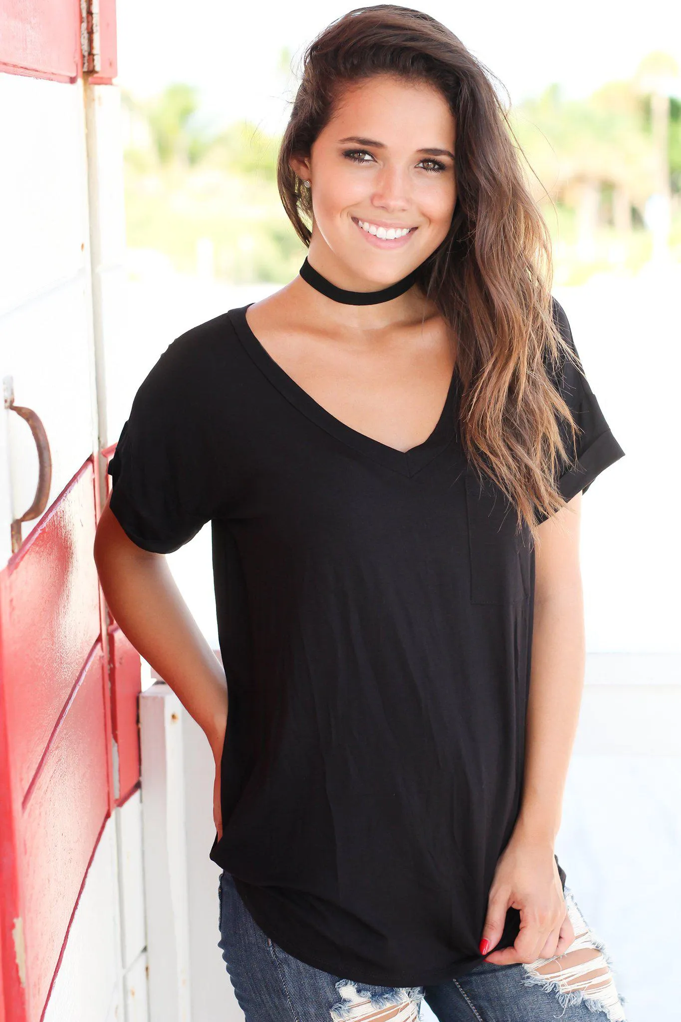 Black V-Neck Top With Pocket