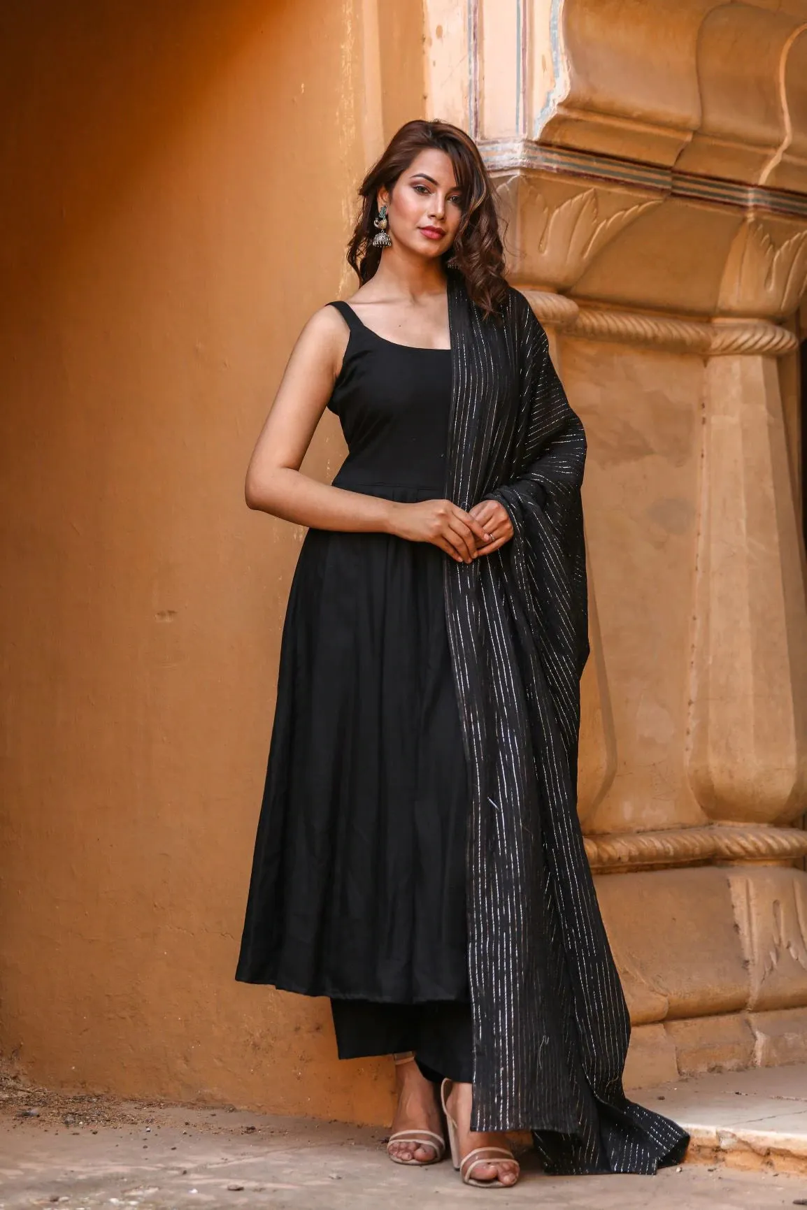Cotton Rayon Black Solid Anarkali Set