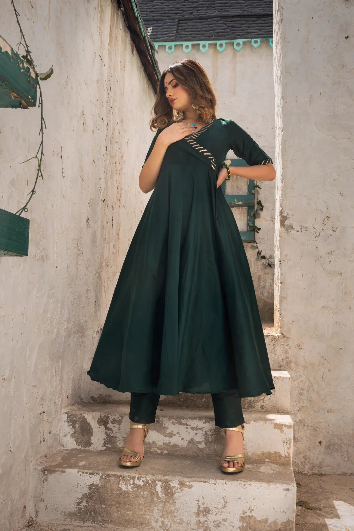 Cotton Silk Dark Green Anarkali Suit Set