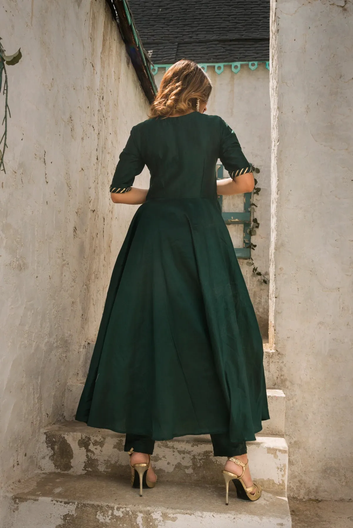 Cotton Silk Dark Green Anarkali Suit Set