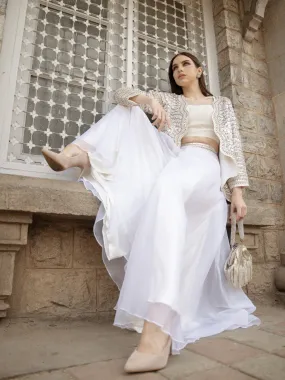 Flared pants and crop top with stylised jacket- Perchment
