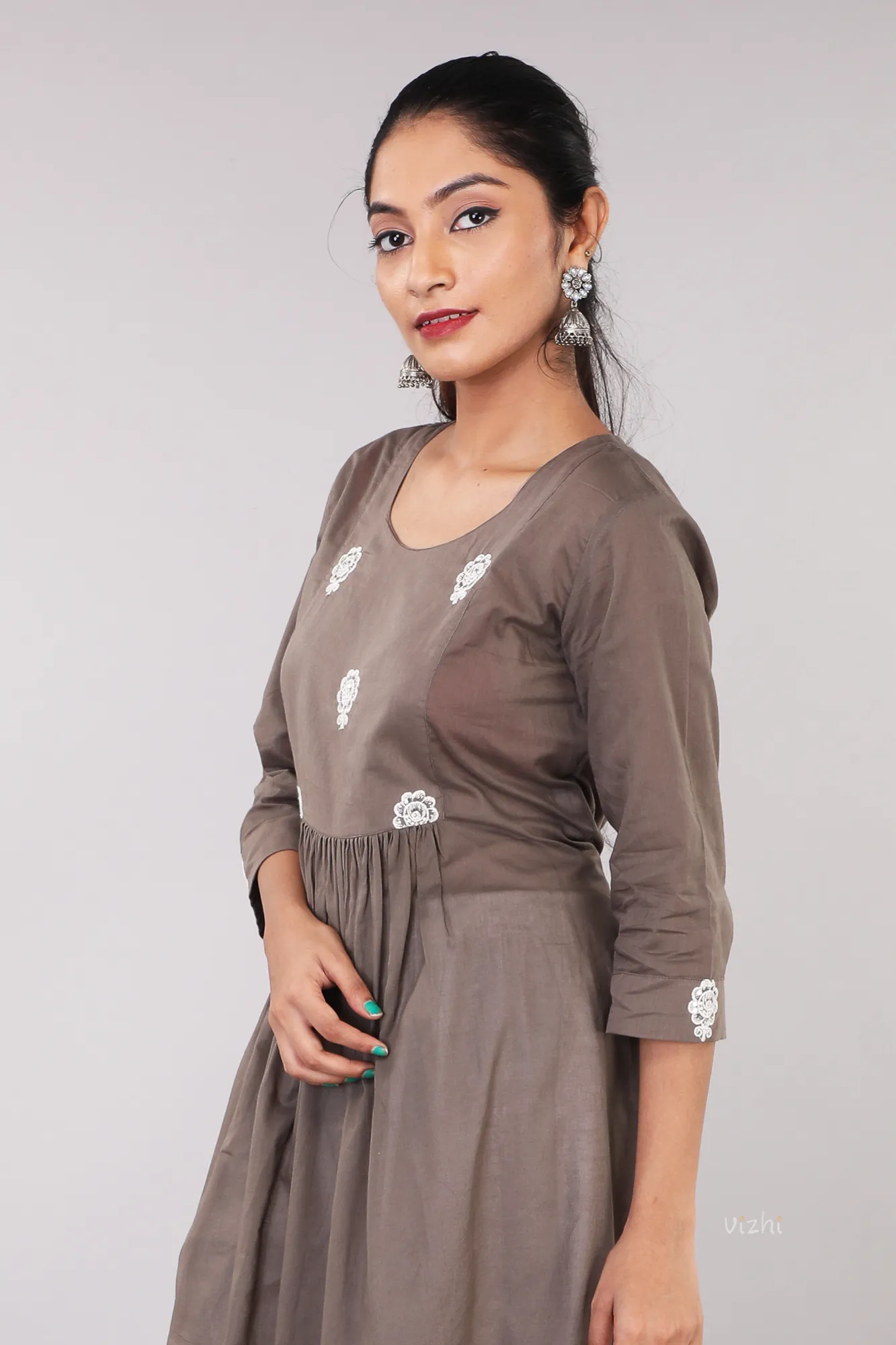 Floral Embroidered Cotton A-Line Kurta with Inner