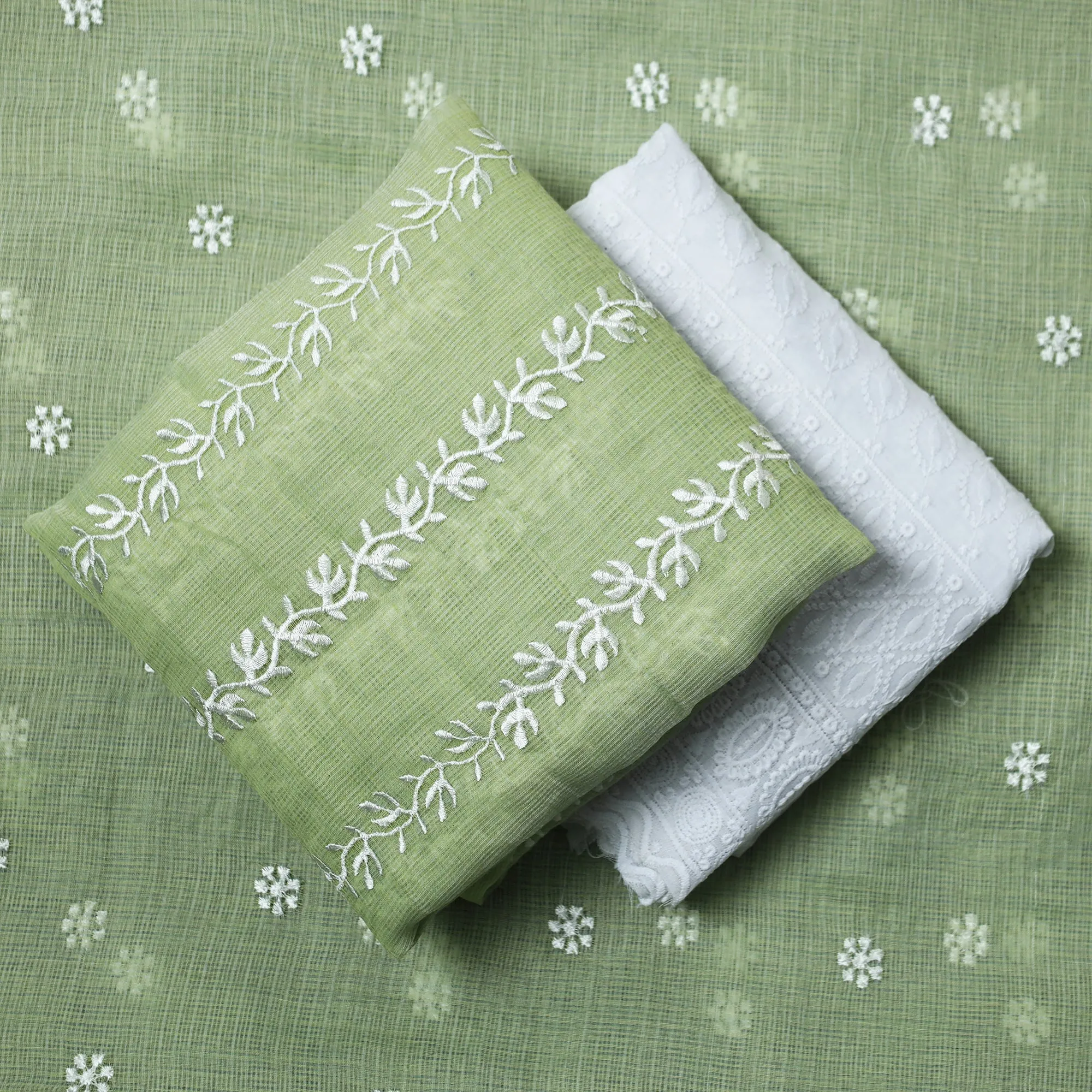Green - 3pc Kota Doria Cotton Embroidered Suit Material Set 01