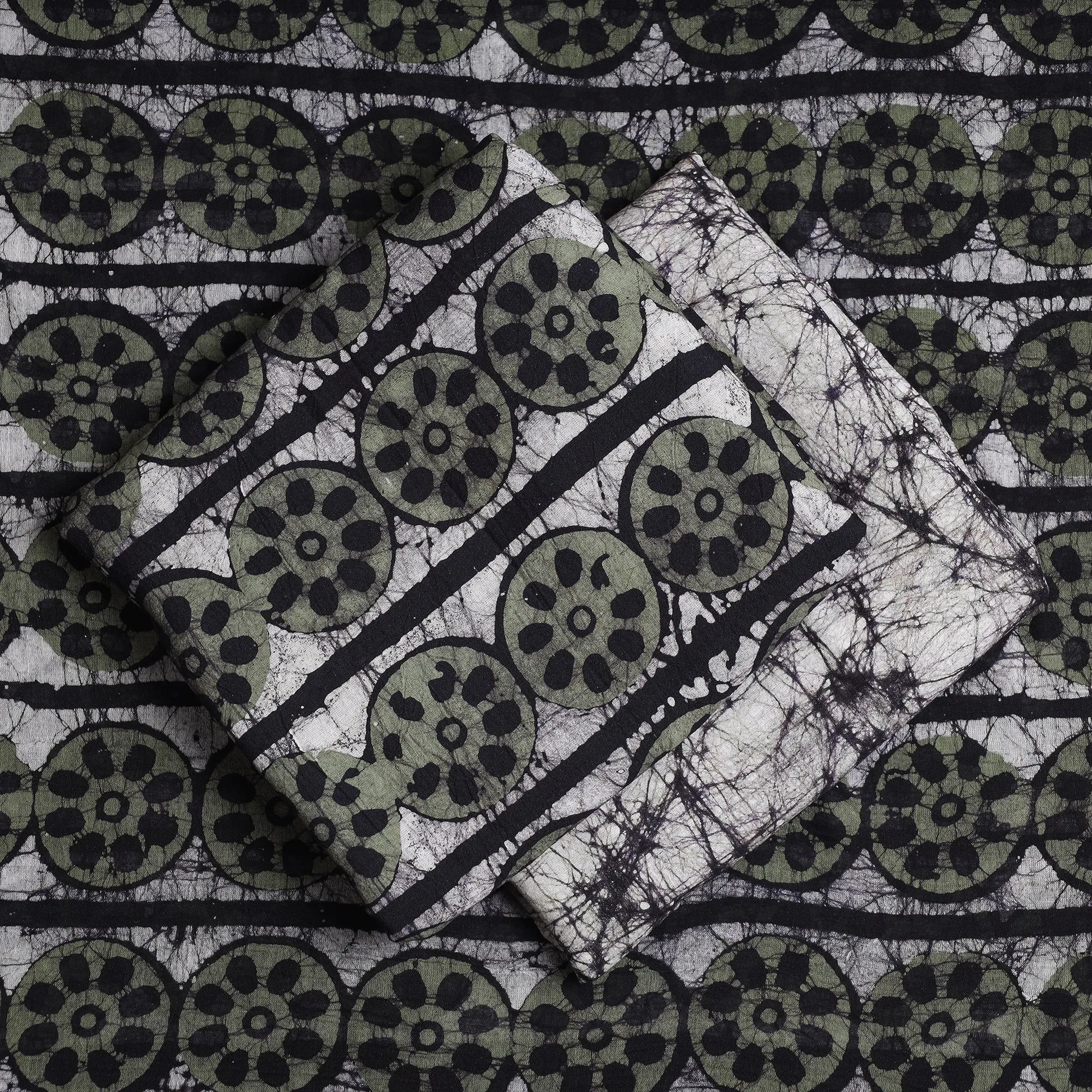 Green - 3pc Kutch Batik Printing Cotton Suit Material Set