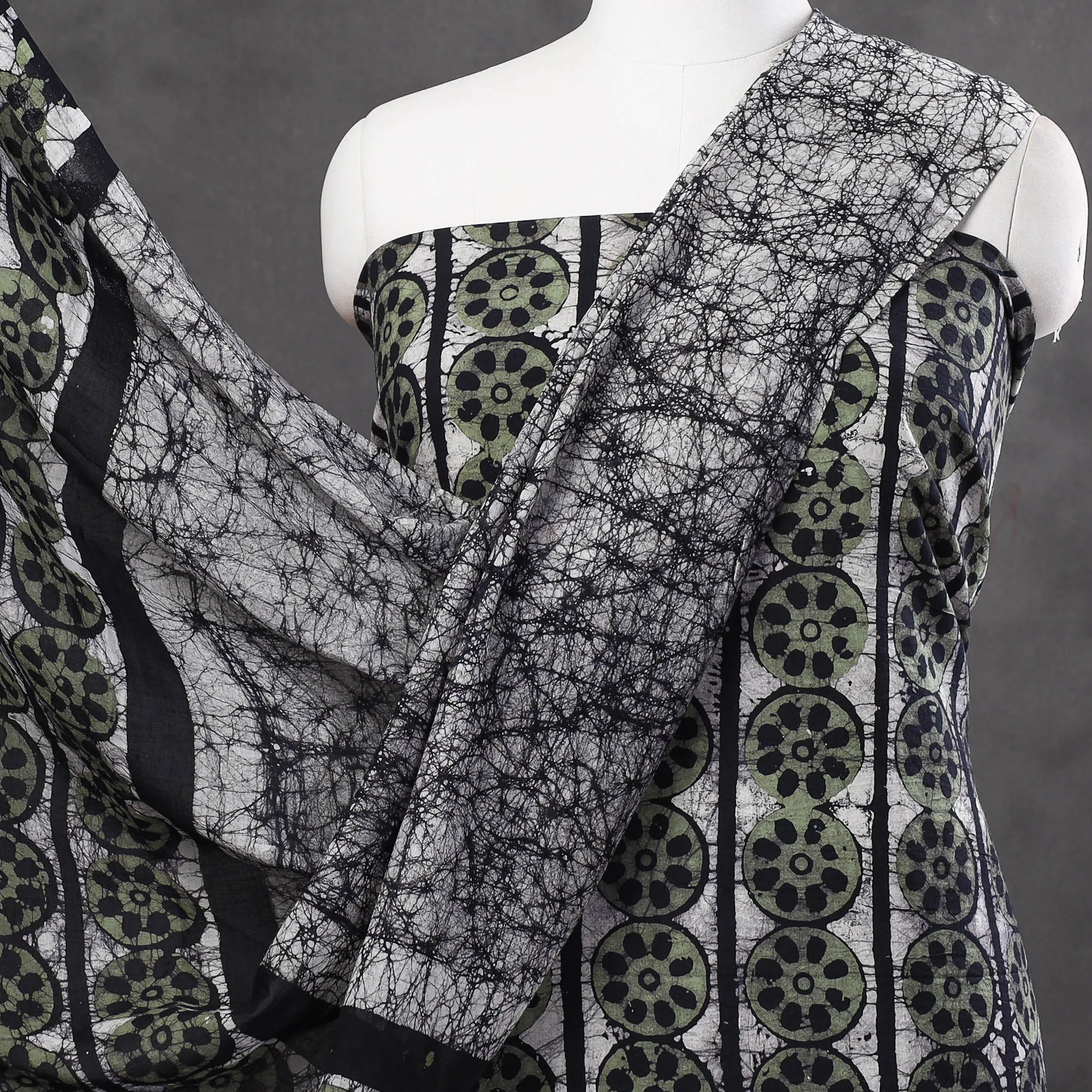 Green - 3pc Kutch Batik Printing Cotton Suit Material Set