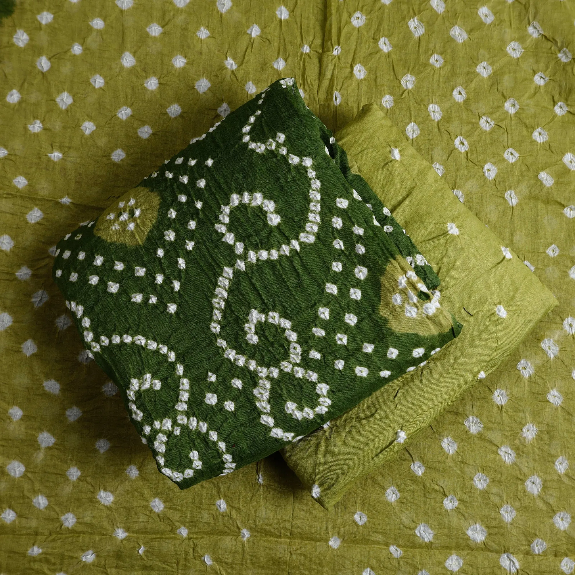 Green - 3pc Kutch Tie-Dye Satin Cotton Bandhani Dress Material 70