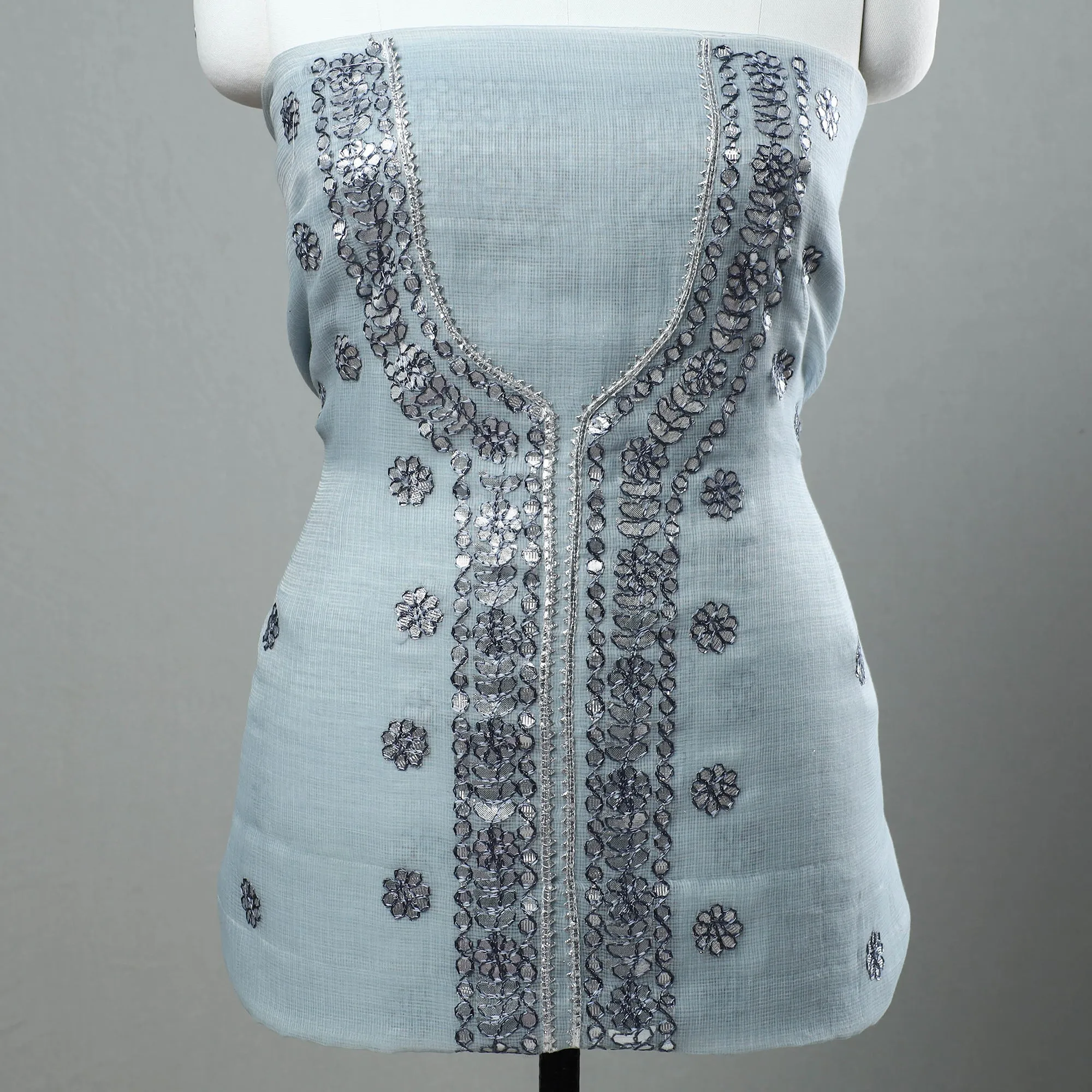 Grey - 3pc Kota Doria Cotton Gota Patti Work Suit Material Set 04