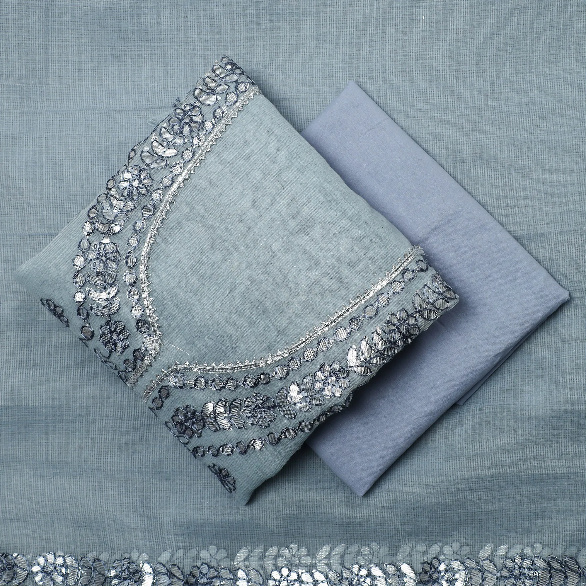 Grey - 3pc Kota Doria Cotton Gota Patti Work Suit Material Set 04