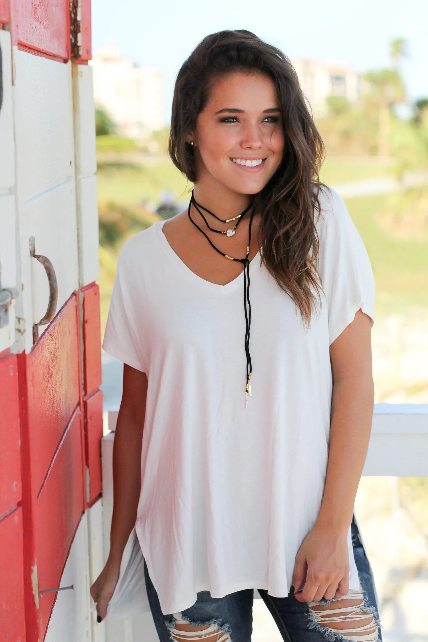 Ivory Short Sleeve V-Neck Top