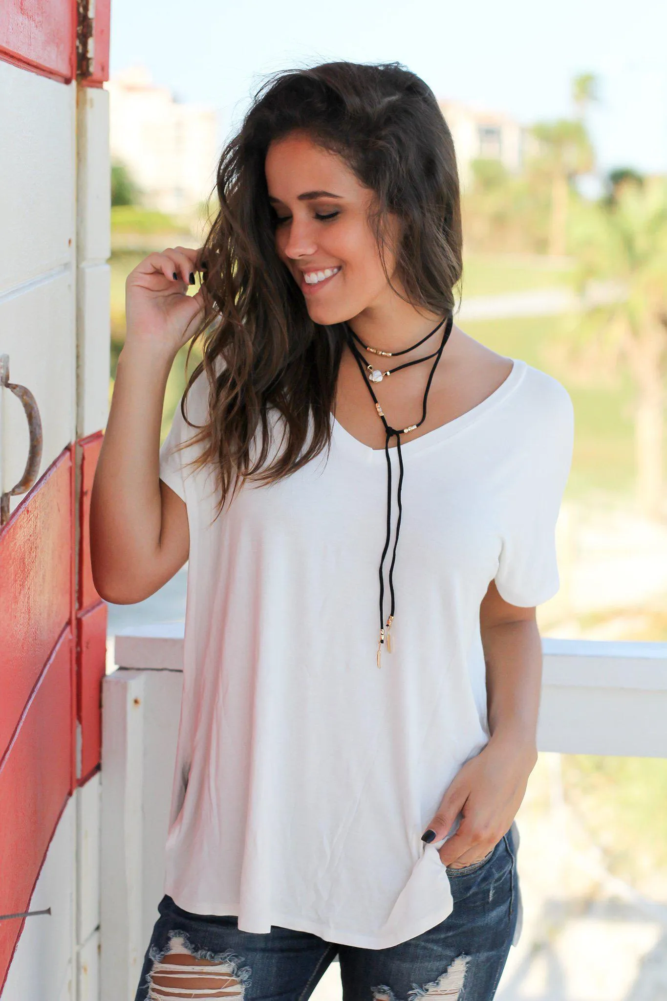 Ivory Short Sleeve V-Neck Top