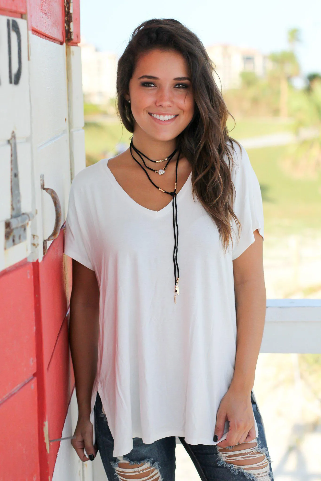 Ivory Short Sleeve V-Neck Top
