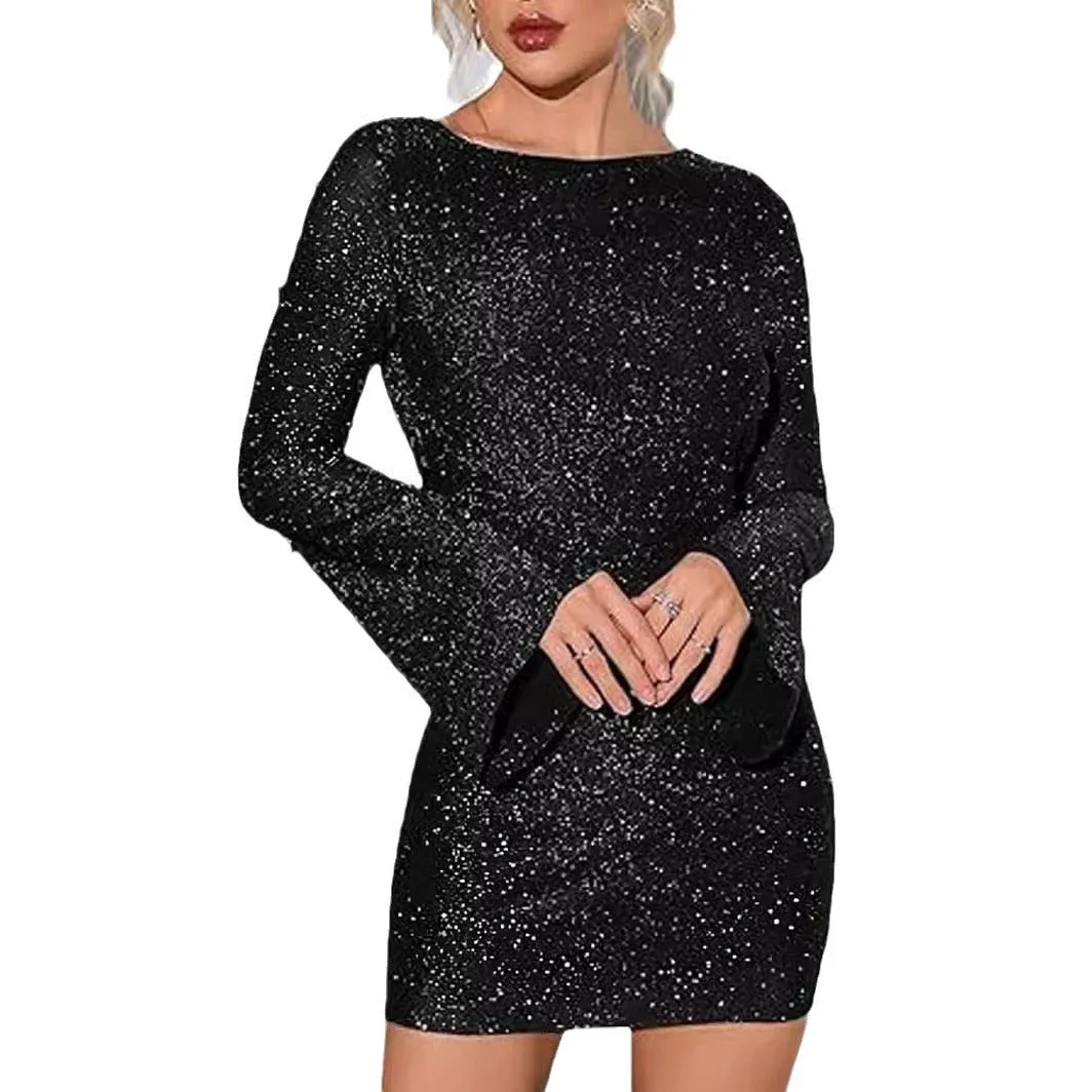 Joskaa avant garde dress to impress Hot Selling Women's Sexy Sheath Mini Dress Silver Silk Fabric Horn Long Sleeve Women's Joint