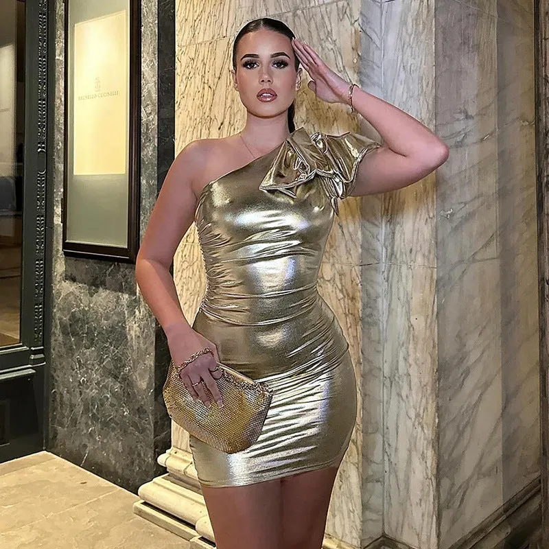 Joskaa avant garde dress to impress Rds179 Style 2024 New Women's Fashion Sexy Bow Shoulder Metallic Tight Dress