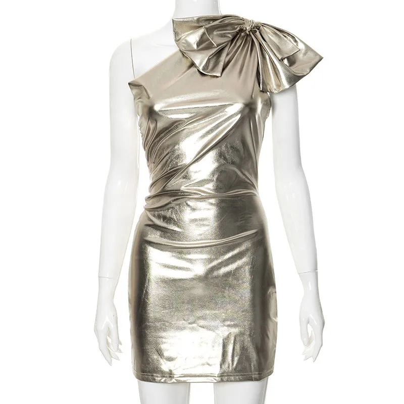 Joskaa avant garde dress to impress Rds179 Style 2024 New Women's Fashion Sexy Bow Shoulder Metallic Tight Dress
