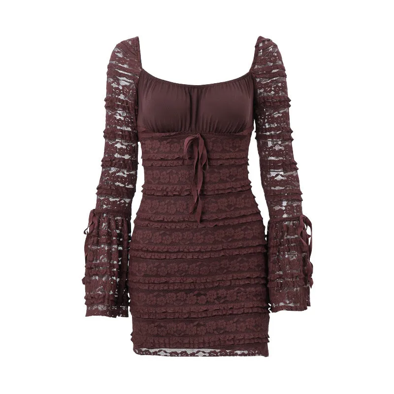 Joskaa avant garde dress to impress Women's Autumn New Sexy Square Collar Low-Cut Bell Sleeve Slim-Fit Hip Skirt Cake Skirt for Women