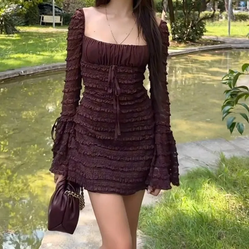 Joskaa avant garde dress to impress Women's Autumn New Sexy Square Collar Low-Cut Bell Sleeve Slim-Fit Hip Skirt Cake Skirt for Women