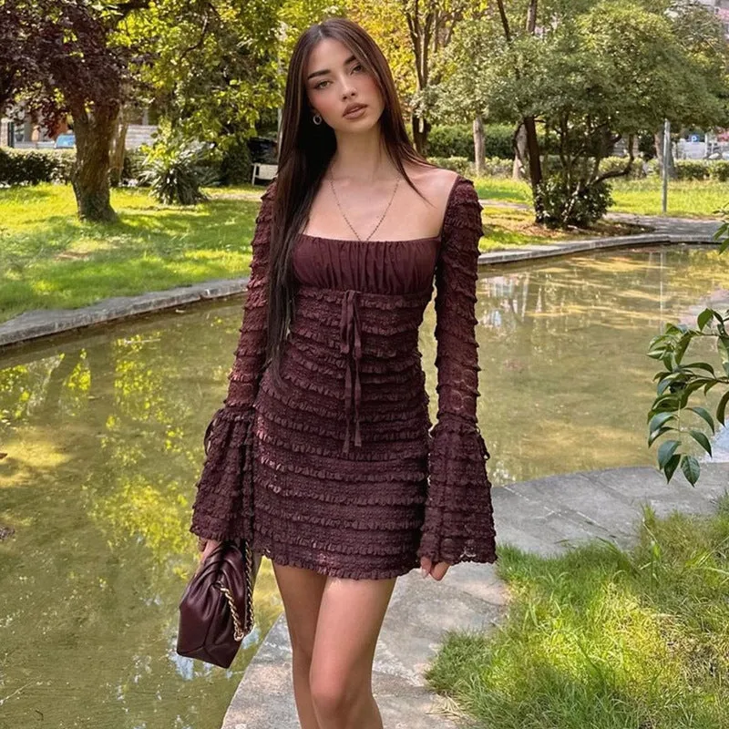 Joskaa avant garde dress to impress Women's Autumn New Sexy Square Collar Low-Cut Bell Sleeve Slim-Fit Hip Skirt Cake Skirt for Women