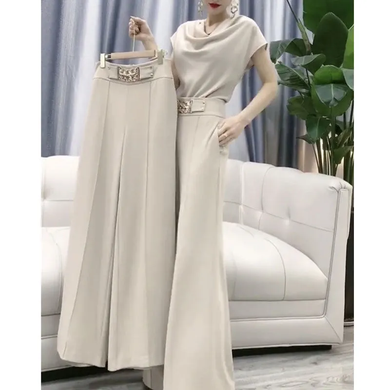 Ladies Casual Wide Leg Pants Set Women Work Matching Trousers Two Piece Set