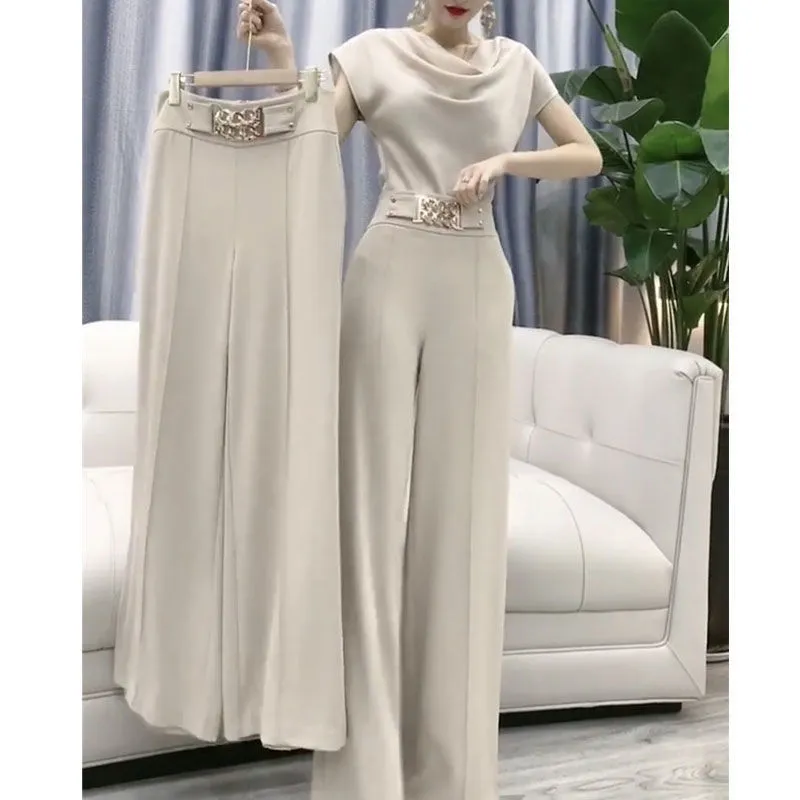 Ladies Casual Wide Leg Pants Set Women Work Matching Trousers Two Piece Set