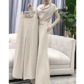 Ladies Casual Wide Leg Pants Set Women Work Matching Trousers Two Piece Set