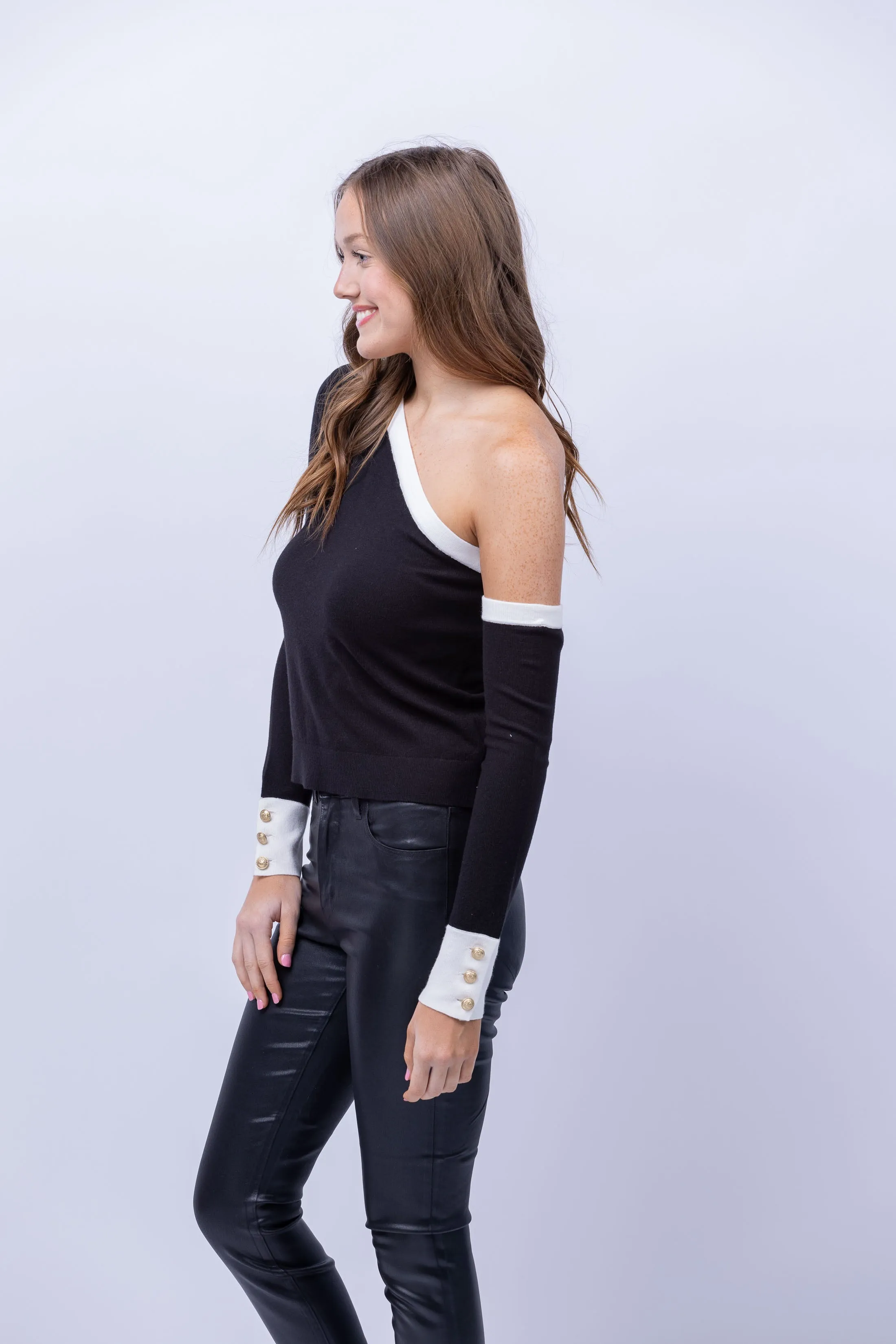 L'AGENCE Maeva Off the Shoulder Sweater in Black/White