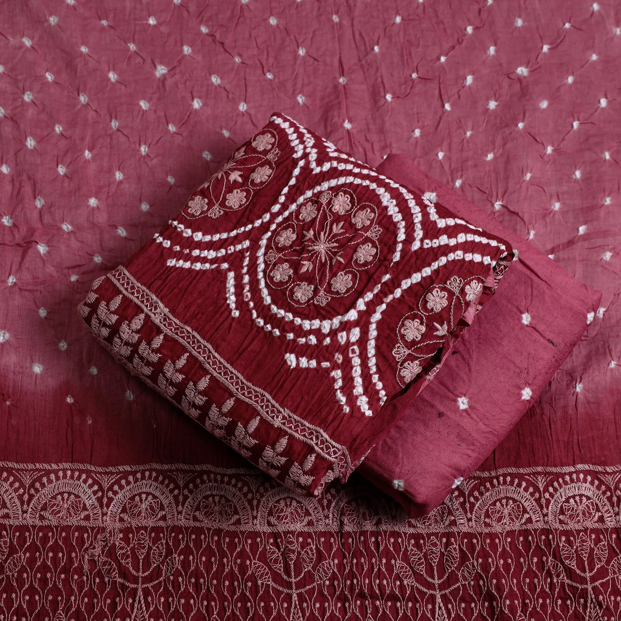Maroon - 3pc Kutch Tie-Dye Satin Cotton Bandhni Dress Material 48