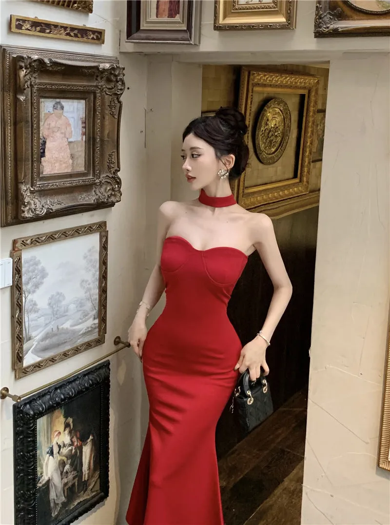 Marrlve avant garde dress to impress French Style Sexy Royal Lady Style Elegant Lady Sexy Tube Top Dress Tight Waist Tight Fishtail Sheath Dress