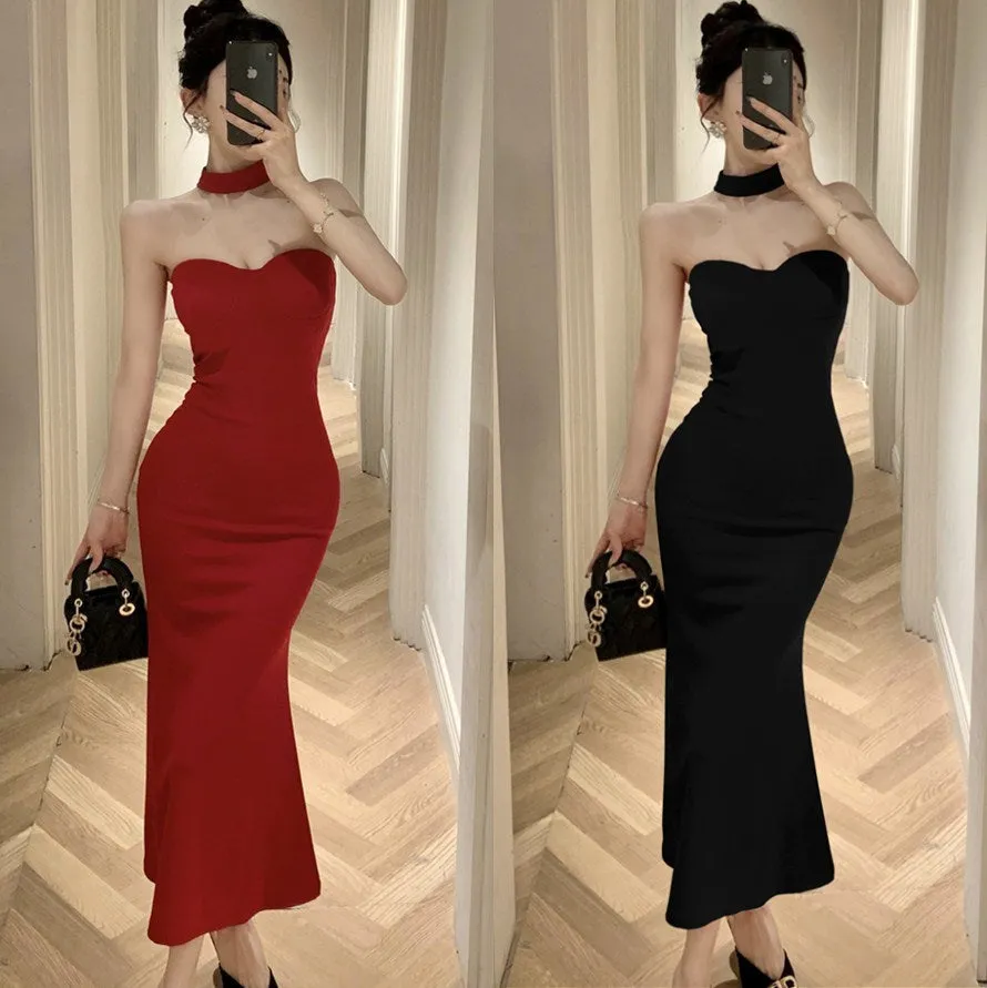 Marrlve avant garde dress to impress French Style Sexy Royal Lady Style Elegant Lady Sexy Tube Top Dress Tight Waist Tight Fishtail Sheath Dress