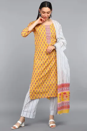 Mustard Polyester Straight Kurta Pant With Dupatta