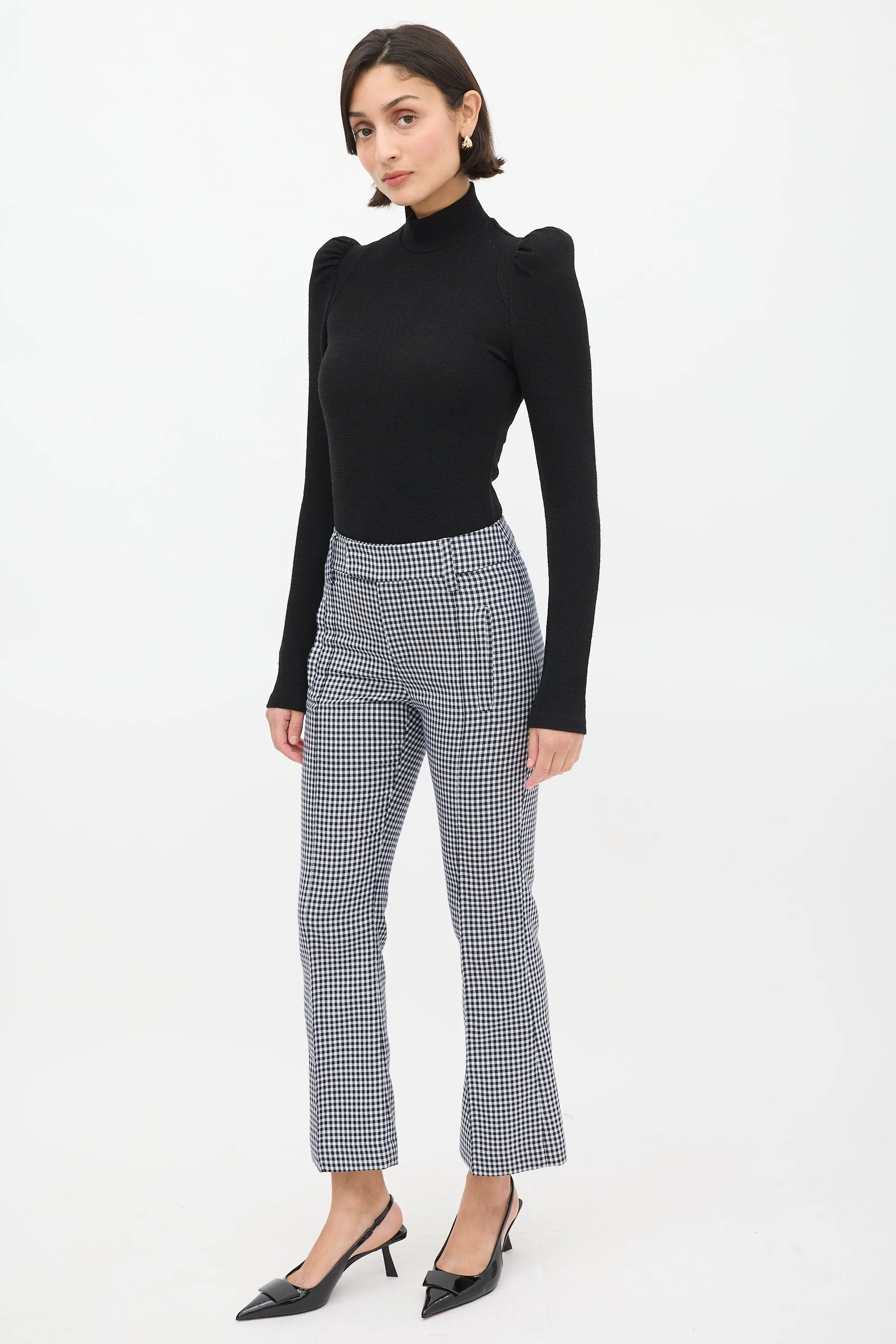 Navy & White Wool Houndstooth Flared Trouser