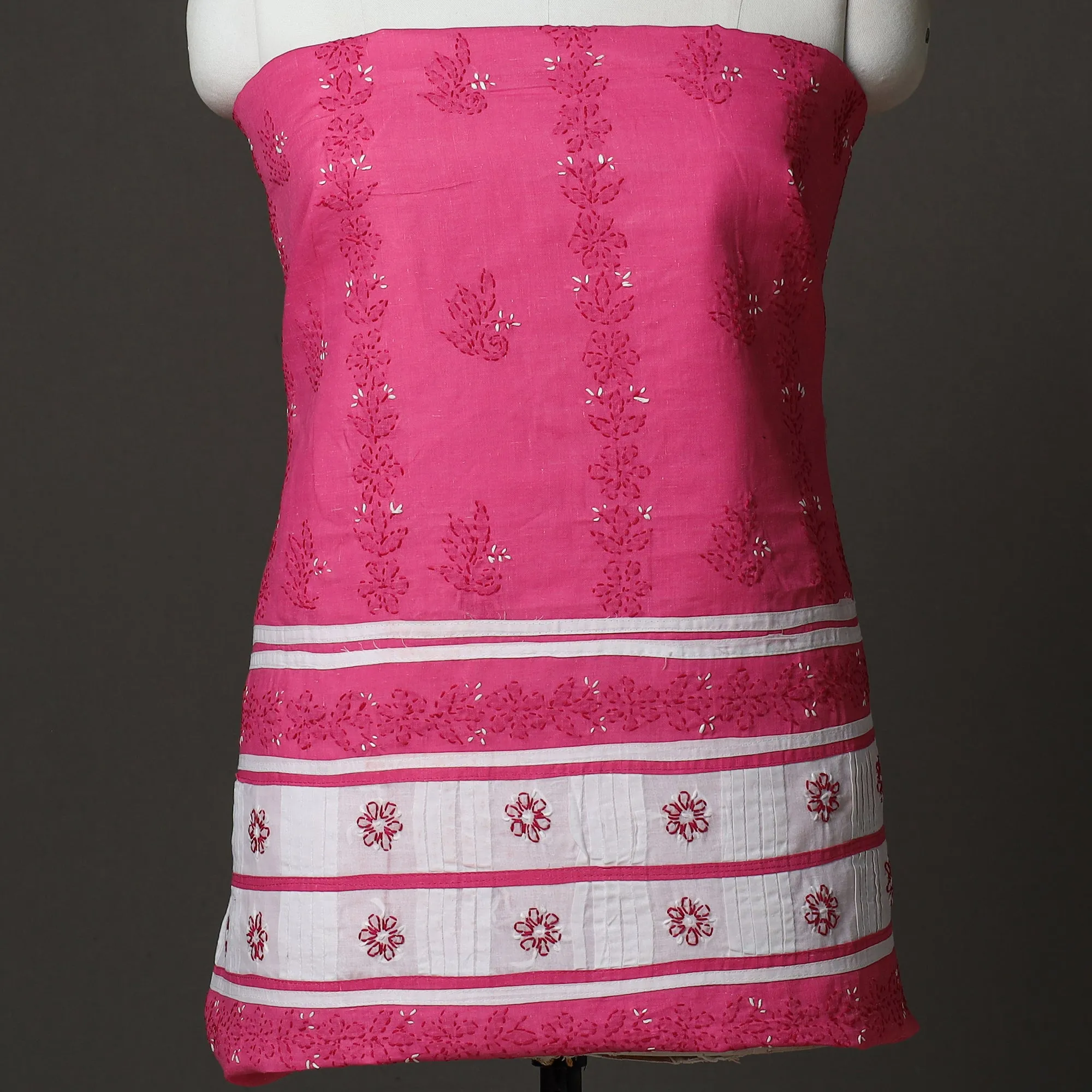 Pink - 3pc Lucknow Chikankari Hand Embroidery Cotton Suit Material Set 69