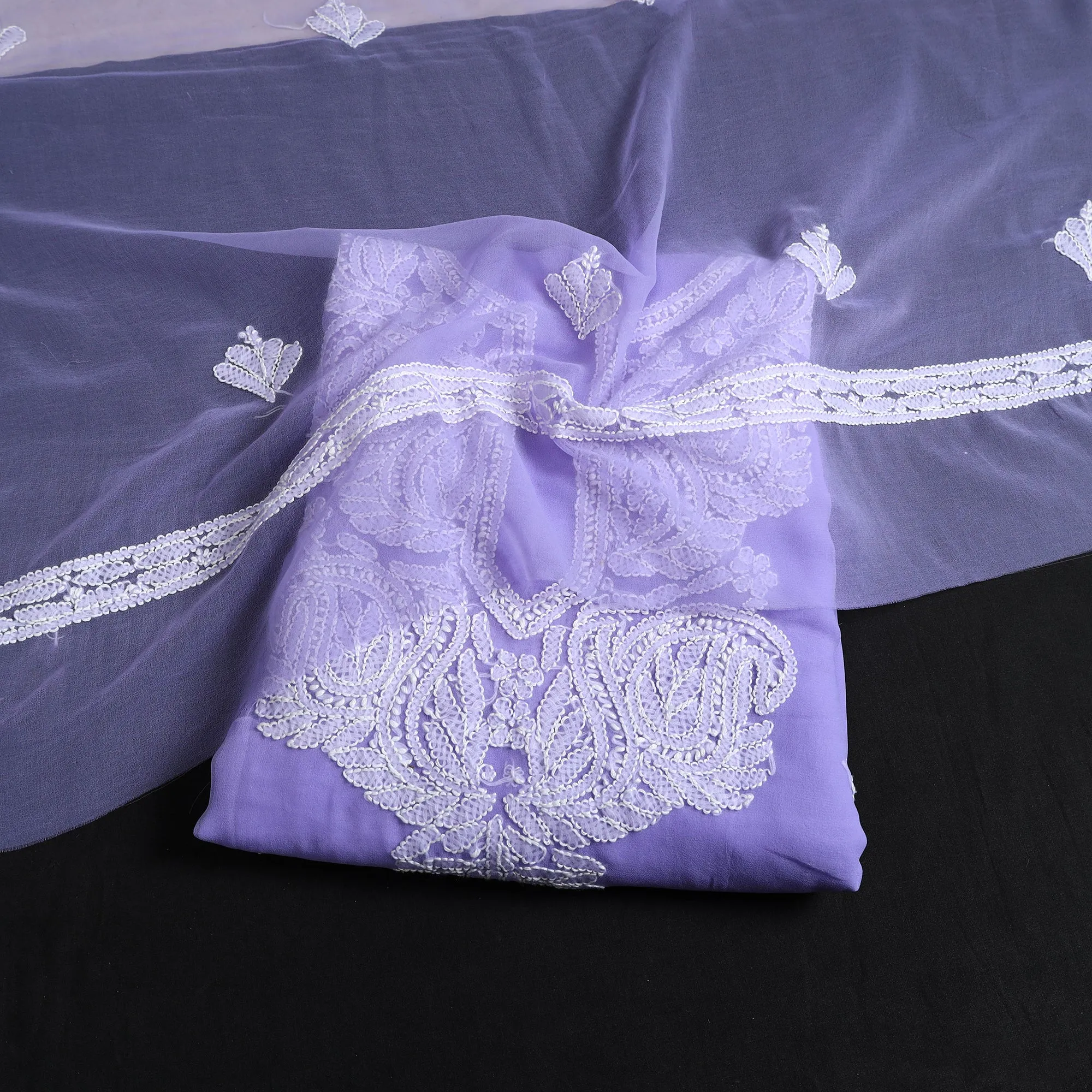 Purple - 3pc Hand Embroidery Georgette Chikankari Dress Material 12
