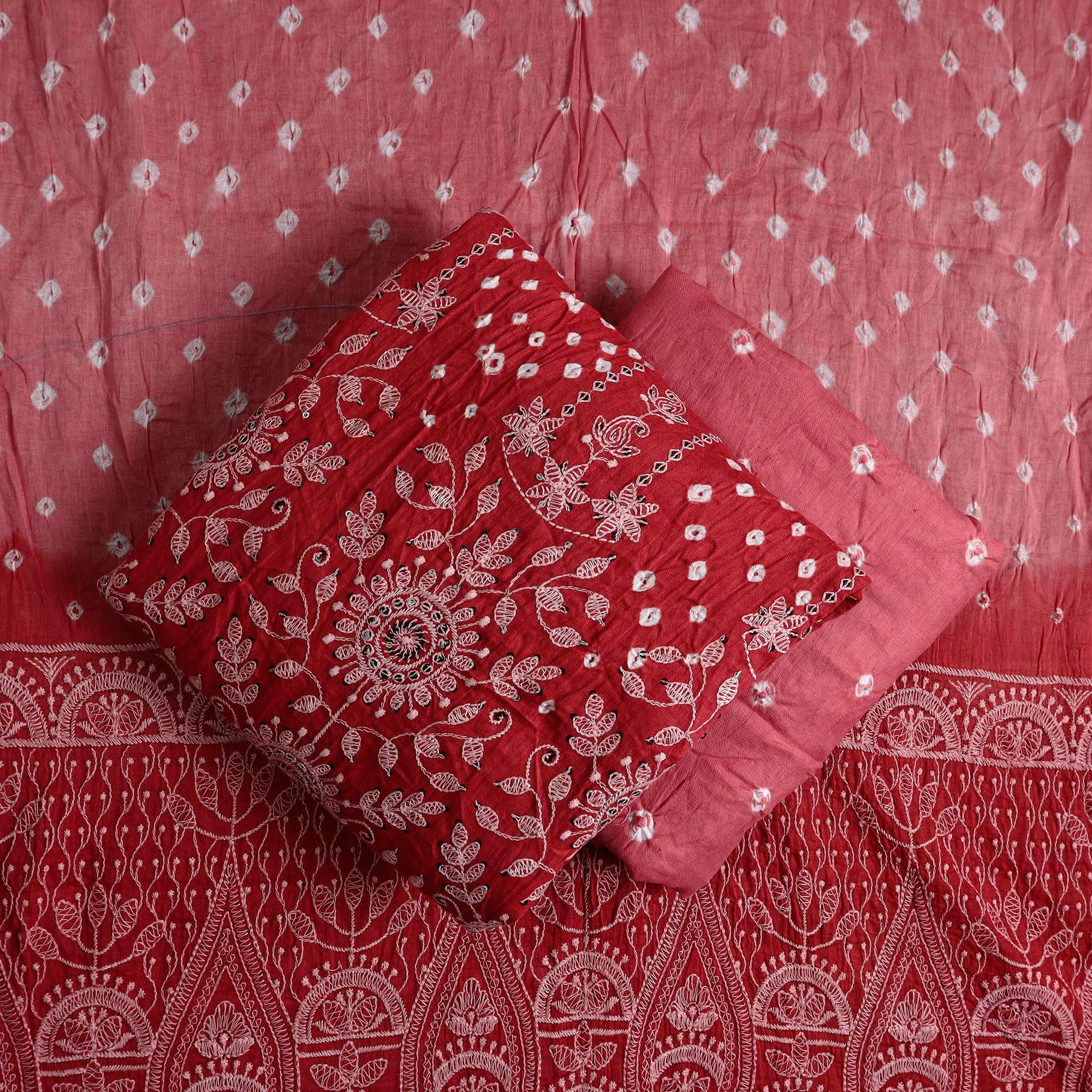 Red - 3pc Kutch Tie-Dye Satin Cotton Bandhni Dress Material 23