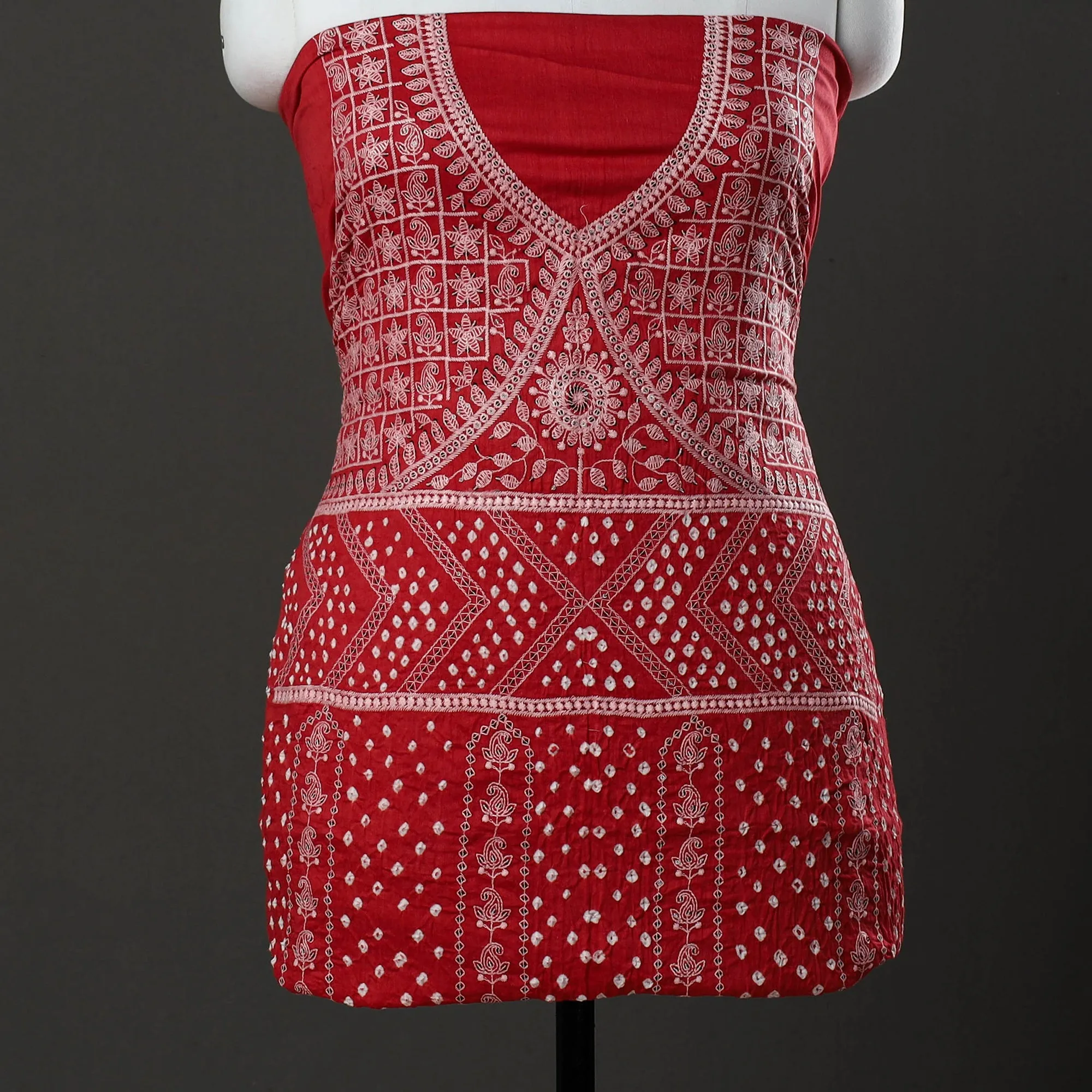 Red - 3pc Kutch Tie-Dye Satin Cotton Bandhni Dress Material 23